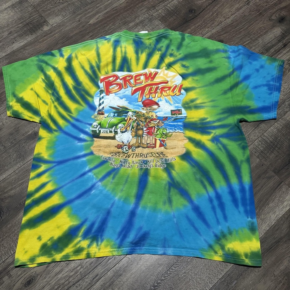 Brew Thru Outer Banks Shirt Mens 2XL Multicolor Tie Dye Beach Graphic Gildan Tee
